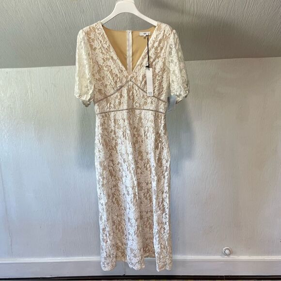 Revolve NSR Puff Sleeve Nude Tan White Cream Floral Lace Dress - Picture 3 of 10